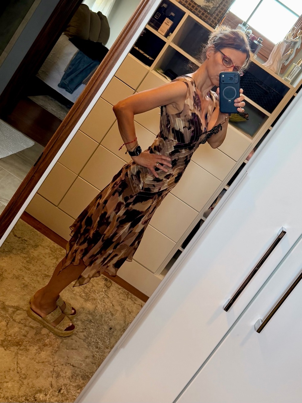 Diane Von Furstenberg Brown and Black Abstract Print Midi Dress